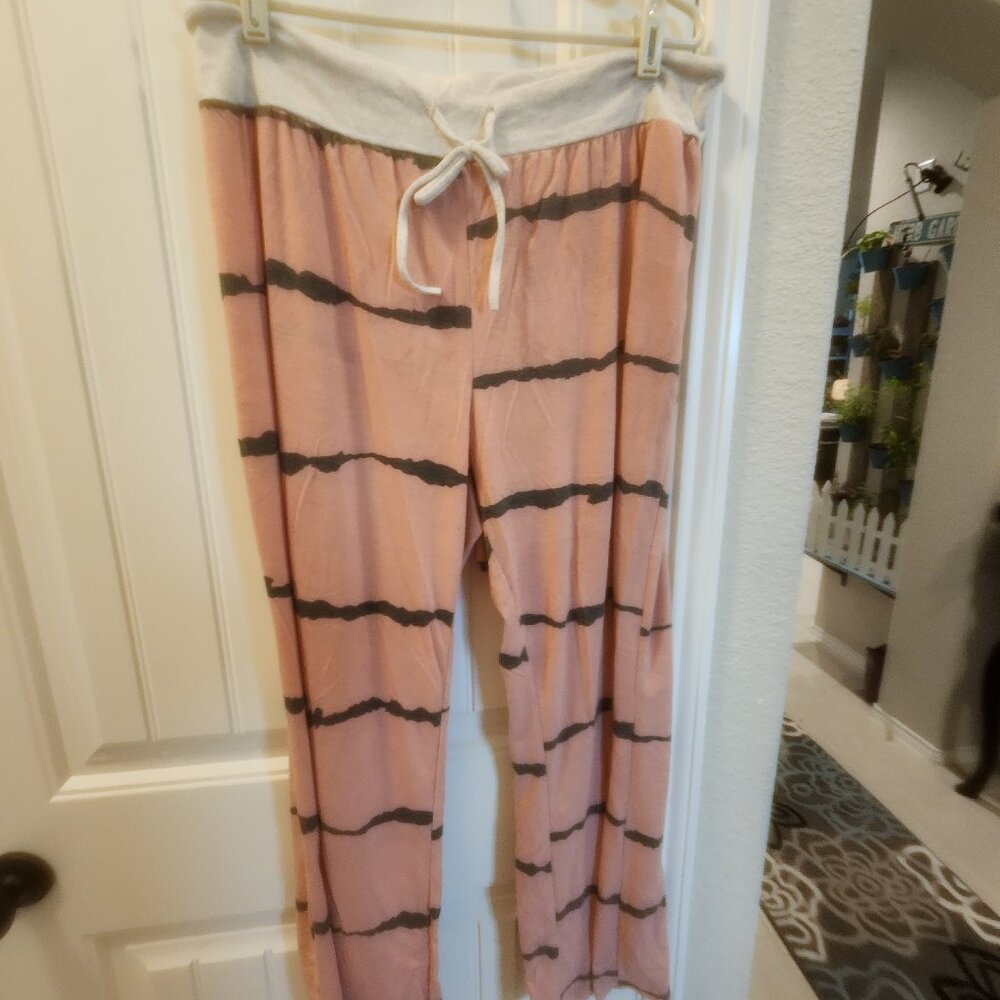 LONGYUAN Women's Comfy Pajama Pants Casual Stretch Pant Pink Gray Stripe 3XL